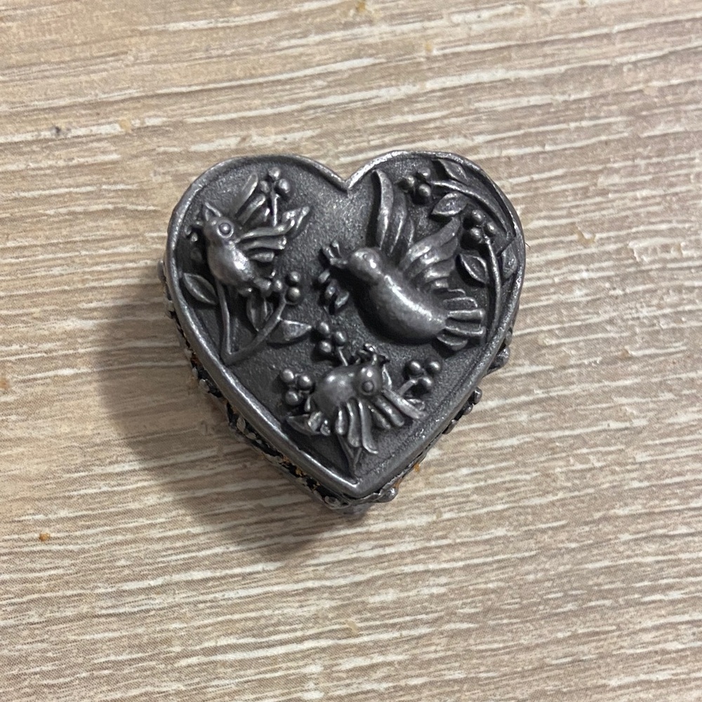 VTG Torino Pewter Heart Birds Jewelry Necklace Brooch Earrings Trinket Box Set
